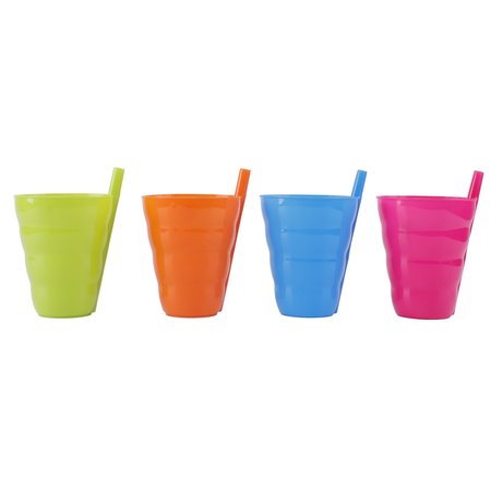 BASICWISE 10 OZ Reusable Plastic Cups with Straw Blue, Pink, Green, and Orange, PK 4 QI003474S.4